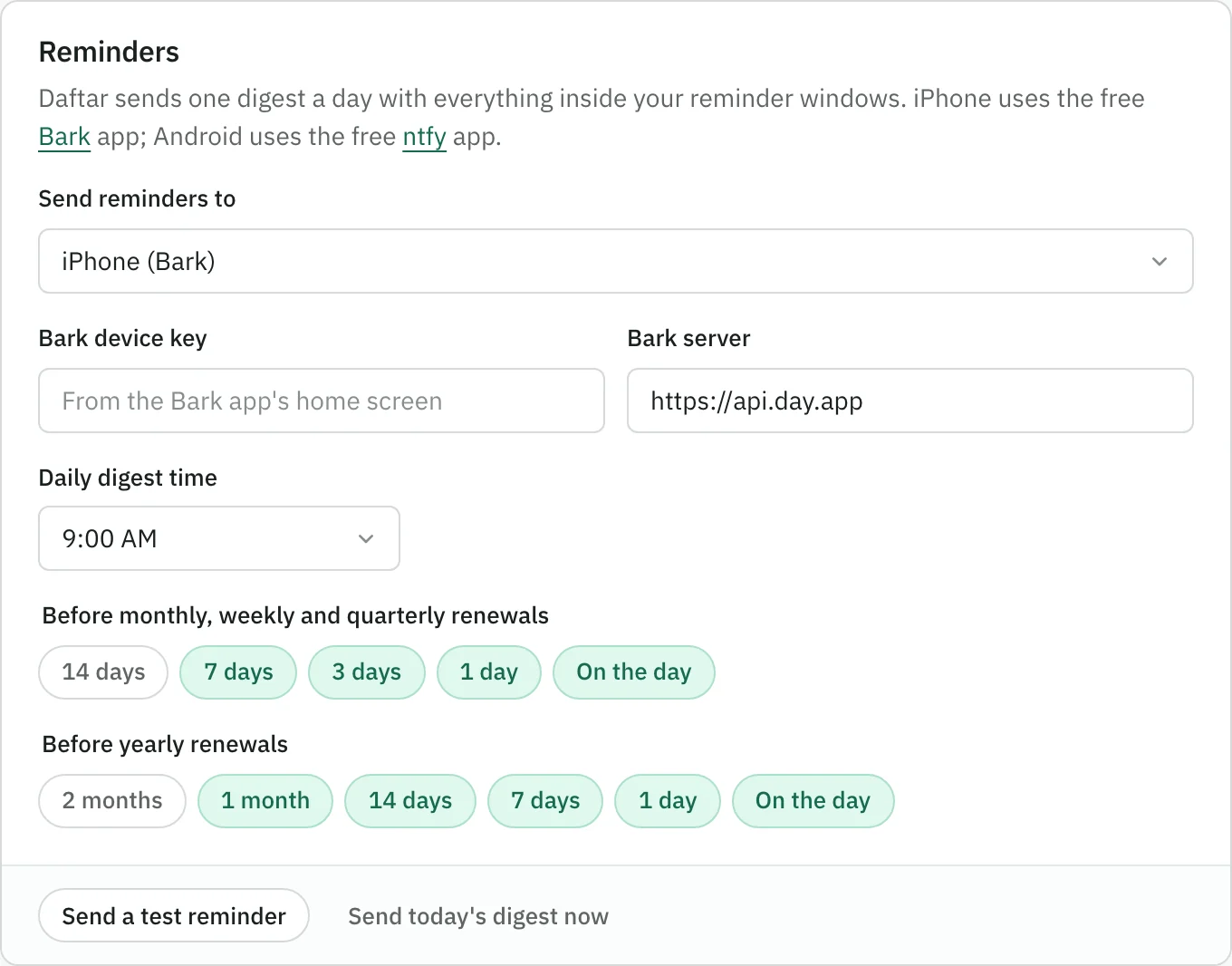 Reminder settings: send reminders to iPhone through Bark, a daily digest at 9:00 AM, and reminder windows of 7, 3 and 1 days before monthly renewals.